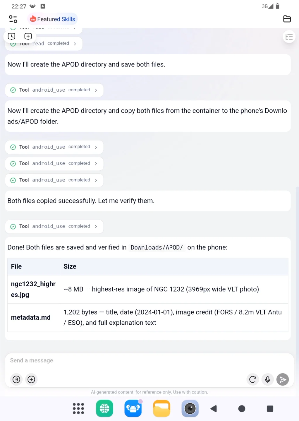 Saved APOD image and metadata in the phone Downloads folder