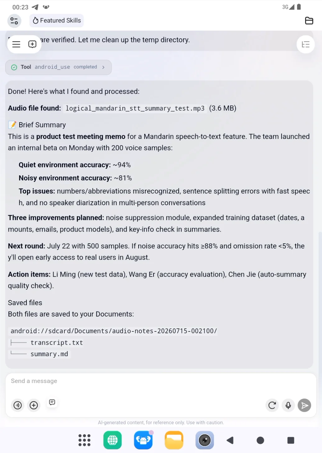 Generated transcript and summary
